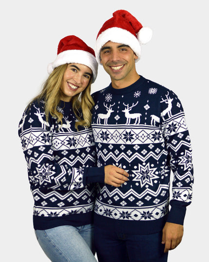Pull de Noël bleu pour couples avec Rudolph et étoile nordique