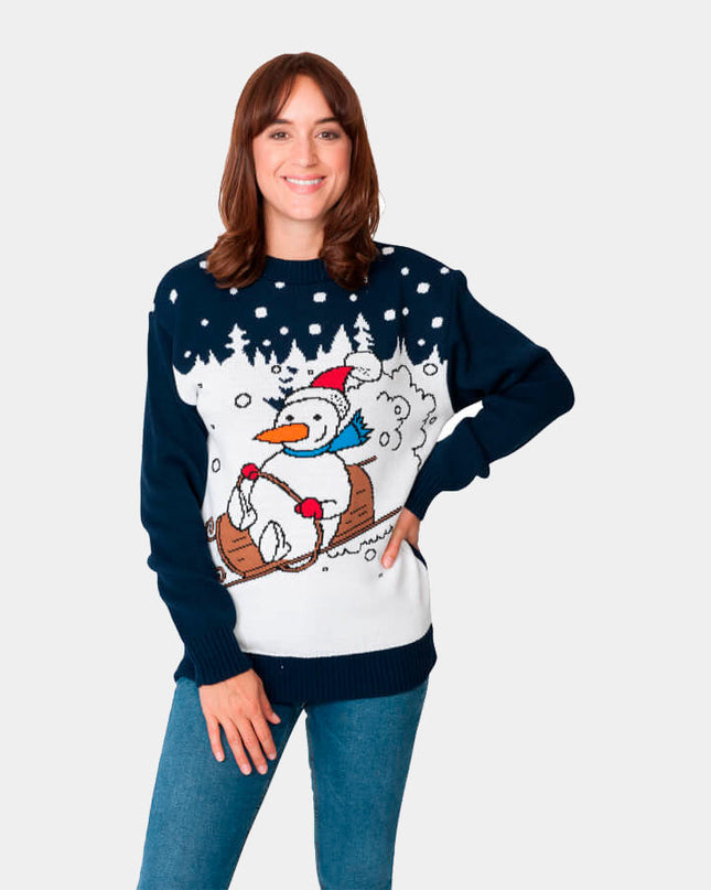 Bonhomme de neige en traîneau pull de Noël