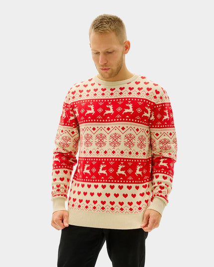Pull de Noël Marius pour couples, à cœurs rouges et coton beige biologique