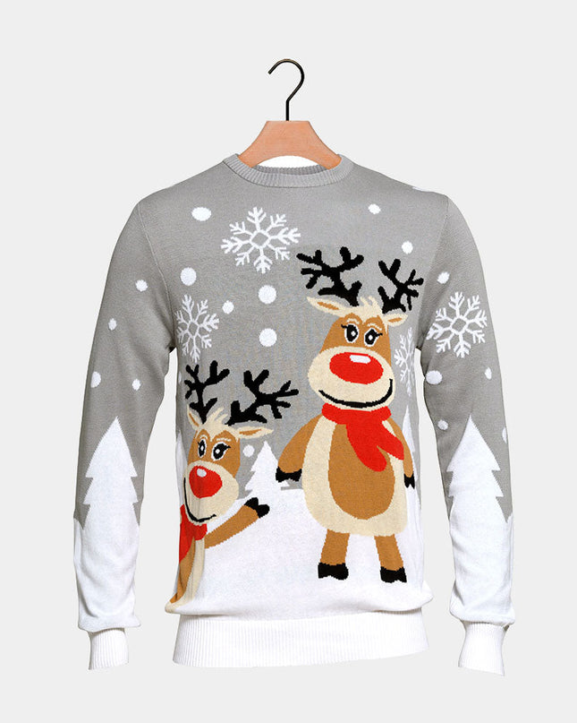 Gray Couple Christmas Sweater with Cute Reindeer