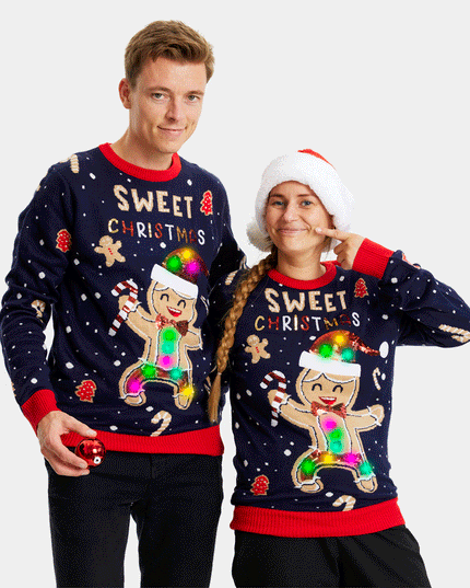 Pull de Noël LED en forme de biscuit au gingembre pour couples - Bleu