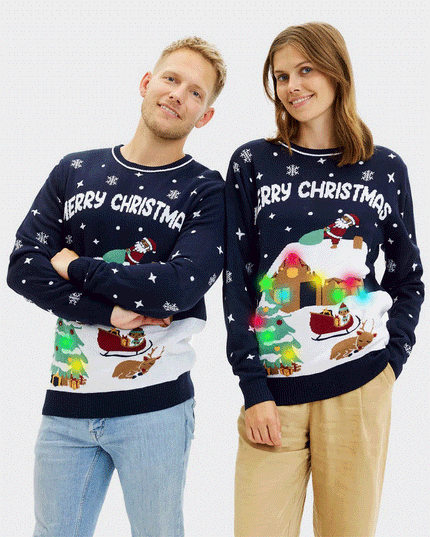 Pull de Noël pour couples avec LED bleues « Joyeux Noël »