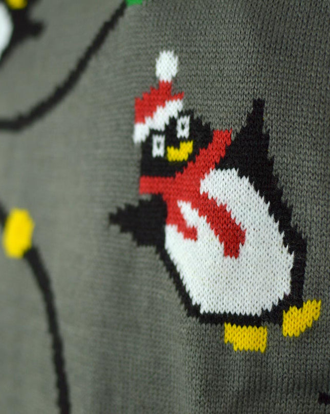LED Lighted Gray Penguins Couple Christmas Sweater