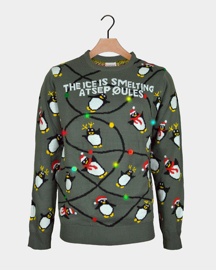 LED Gray Couples Christmas Sweater with Penguins