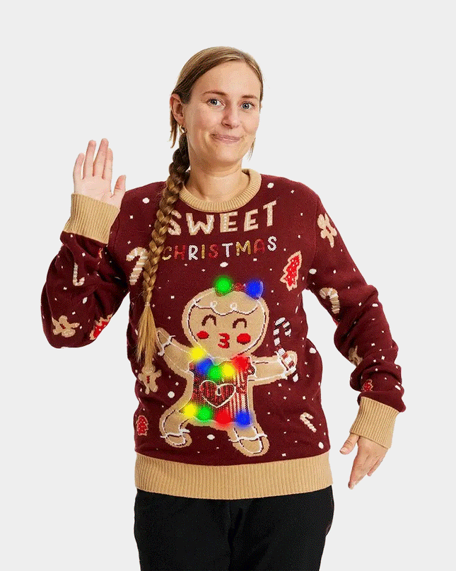 Pull de Noël pour couples avec motif de biscuits au gingembre LED - Rouge