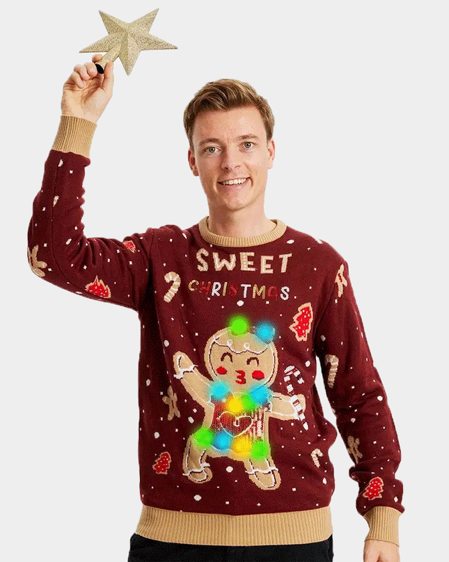 Pull de Noël pour couples avec motif de biscuits au gingembre LED - Rouge