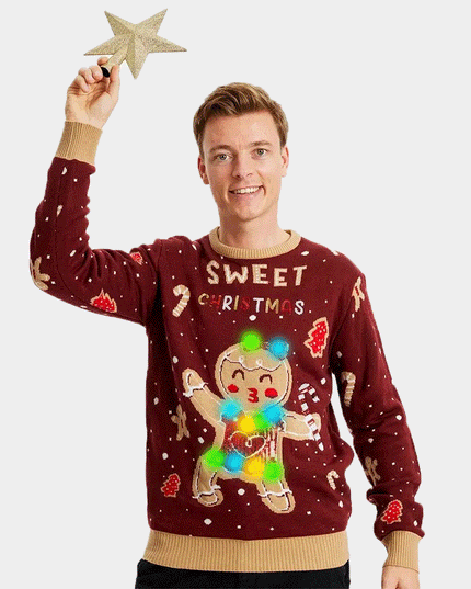 LED Lighted Red Gingerbread Cookie Couple Sweater