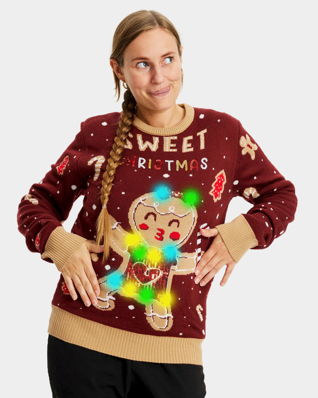 Pull de Noël pour couples avec motif de biscuits au gingembre LED - Rouge