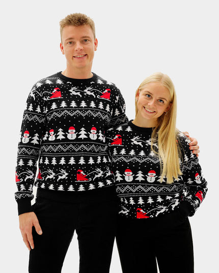 Pull de Noël noir pour couple, orné de sapins et de bonshommes de neige