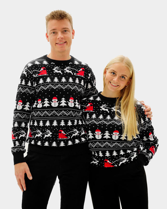 Pull de Noël noir pour couple, orné de sapins et de bonshommes de neige