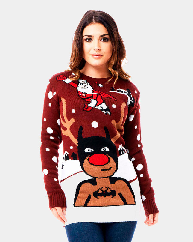 Pull de Noël pour couples, motif Batman, Père Noël et Rudolph