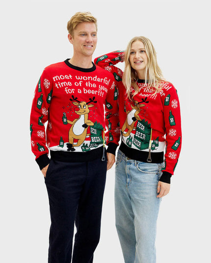Pull de Noël à motif de rennes pour couples avec ouvre-bouteille
