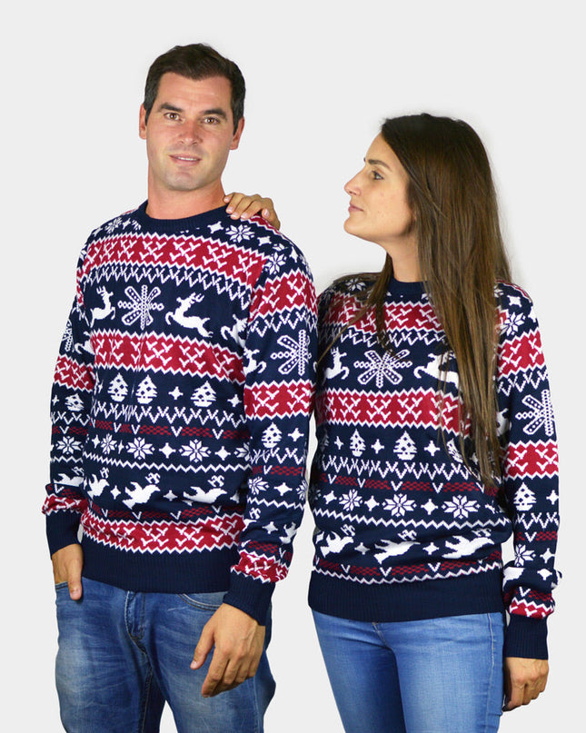 Pull de Noël pour couples avec motifs de rennes et de fêtes :
