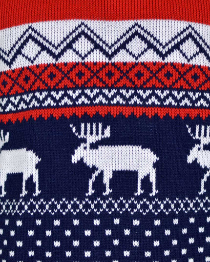 Pull de Noël à motif de rennes rouge et bleu marine