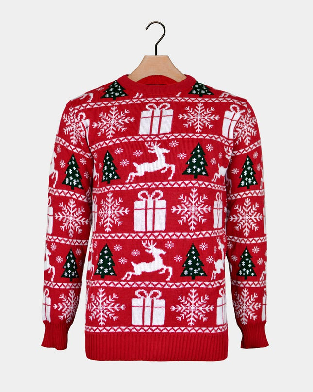 Christmas Sweater for Couples with Reindeer, Trees, and Christmas Gifts