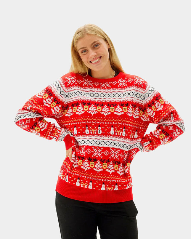 Organic Cotton Red Couple Christmas Sweater with Snowmen