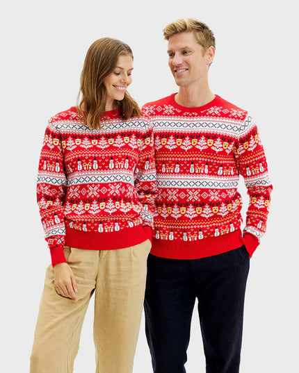 Pull de Noël rouge en coton bio pour couples - Bonhommes de neige et sapins