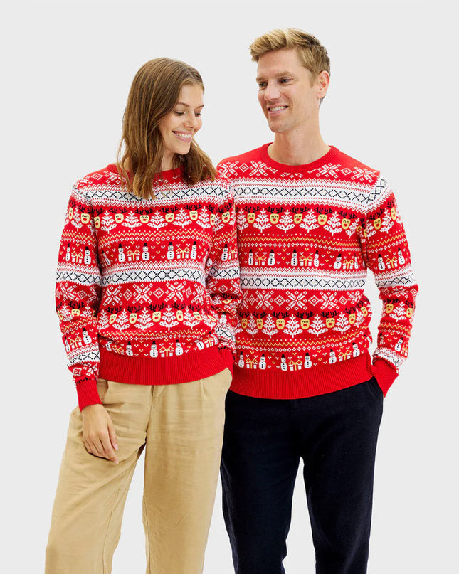 Pull de Noël rouge en coton bio pour couples - Bonhommes de neige et sapins