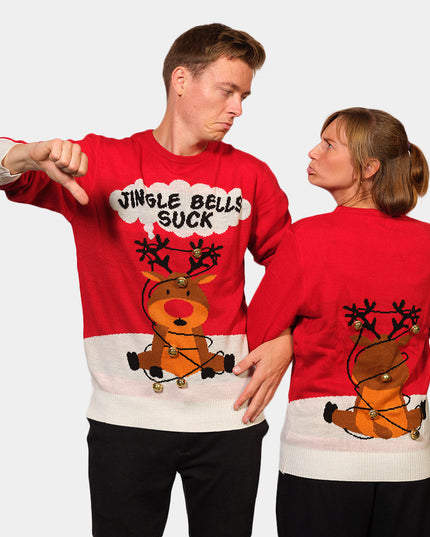 Pull de Noël rouge pour couple, motif « Vive le vent » en 3D