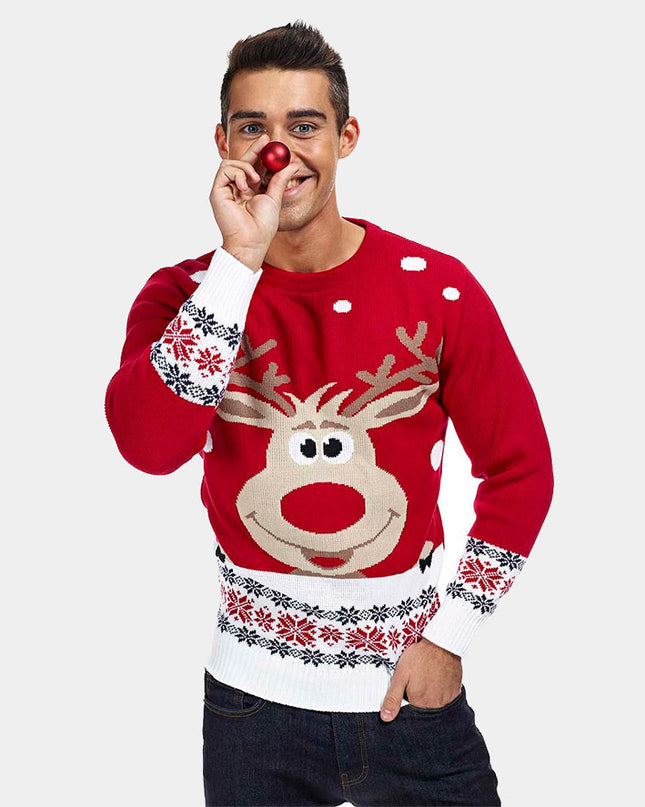 Pull de Noël rouge pour couples - Motif rennes et neige