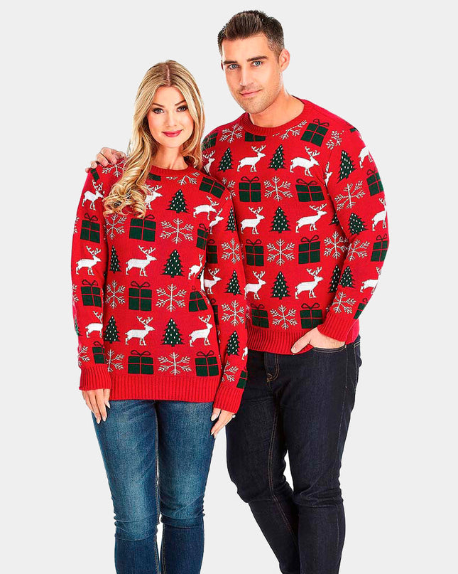 Christmas Sweater for Couples Red with Reindeer, Gifts, and Trees