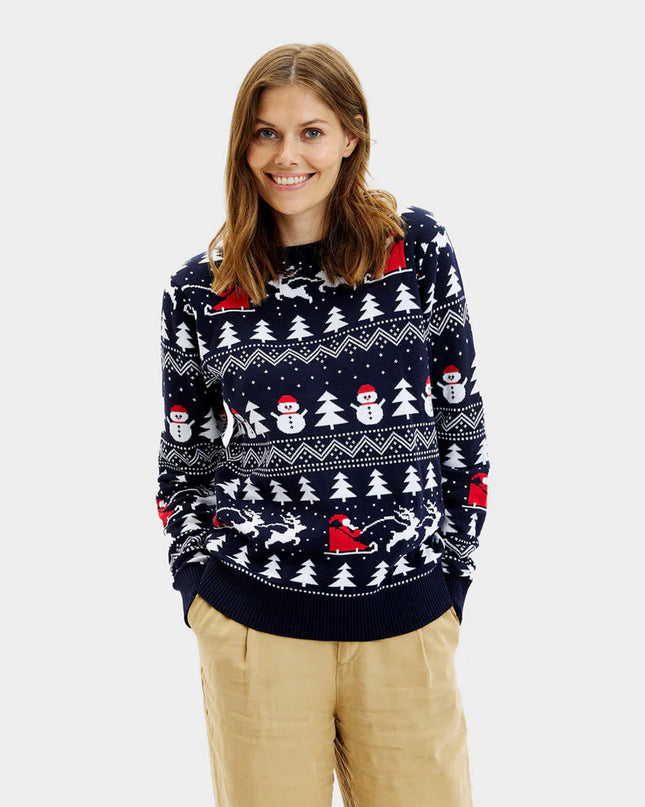 Pull de Noël bleu pour couples avec sapins, bonshommes de neige et Père Noël