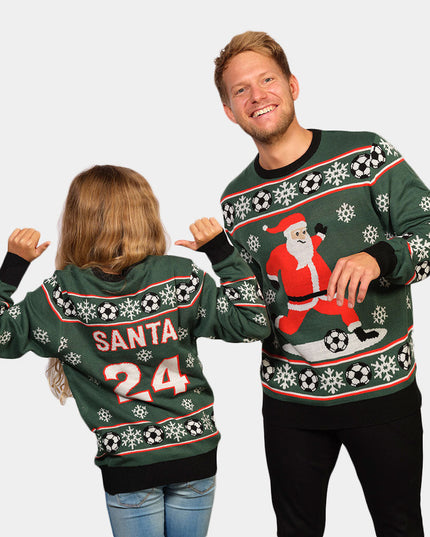 Green Santa Sweater for Couples Playing Soccer