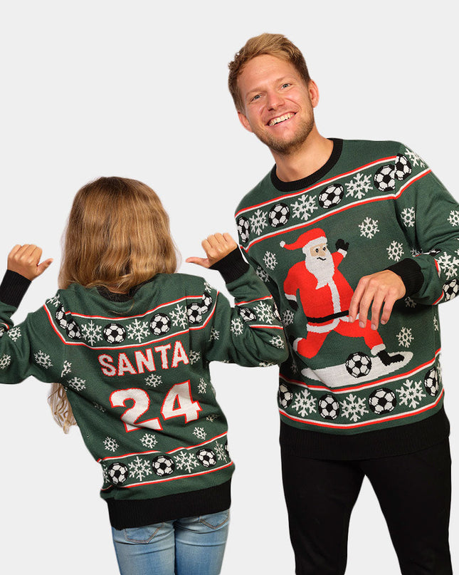 Green Santa Sweater for Couples Playing Soccer