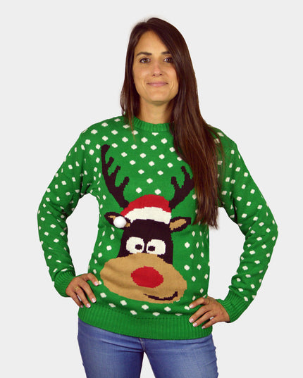 Green 3D Santa Hat Reindeer Couple Christmas Sweater