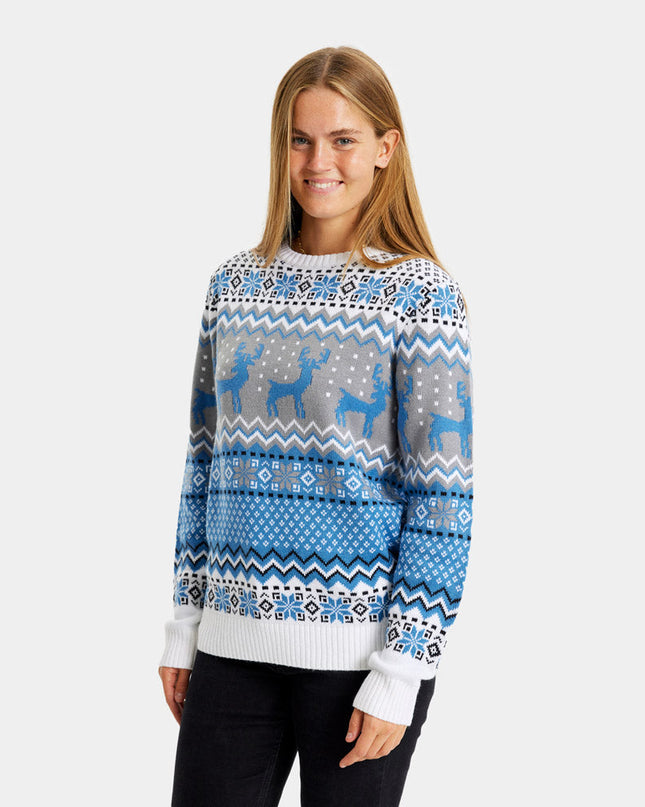 Pull de Noël chic pour femme, blanc, gris et bleu, avec rennes