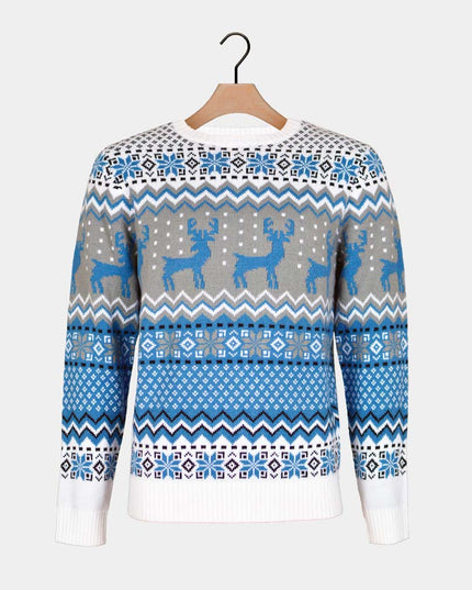Pull de Noël chic pour femme, blanc, gris et bleu, avec rennes