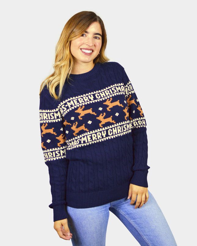 Pull de Noël bleu chic pour femme, orné de rennes, en coton biologique