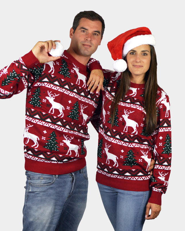 Red Christmas Sweater for Kids with Trees and Reindeer