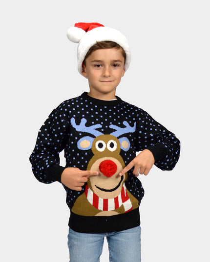 Pull de Noël enfant avec renne bleu et nez rouge en 3D