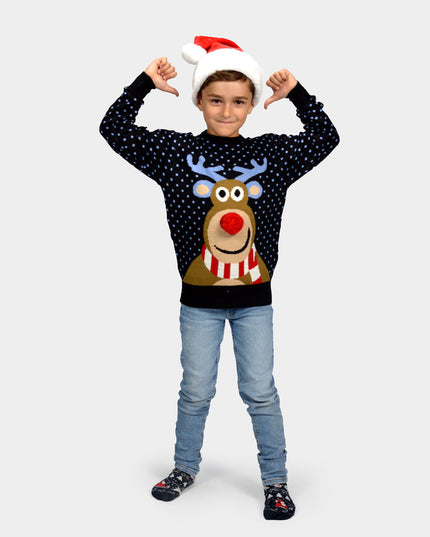 Pull de Noël enfant avec renne bleu et nez rouge en 3D