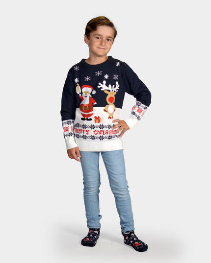 Pull de Noël en coton bio pour enfants, bleu, avec le Père Noël et Rudolph