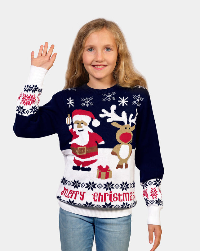 Blue Christmas Sweater for Kids with Santa and Rudolph