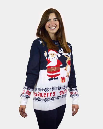 Pull de Noël en coton bio pour enfants, bleu, avec le Père Noël et Rudolph