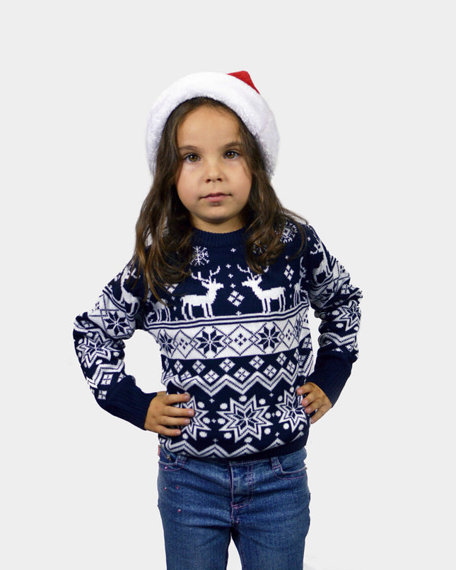 Pull de Noël enfant bleu avec rennes et étoiles nordiques