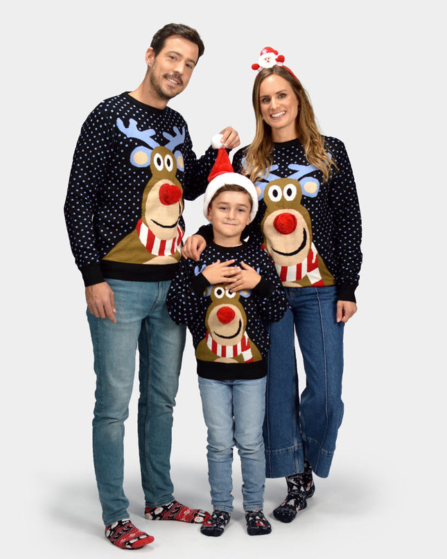 Kids Christmas Sweater Blue Reindeer with 3D Nose