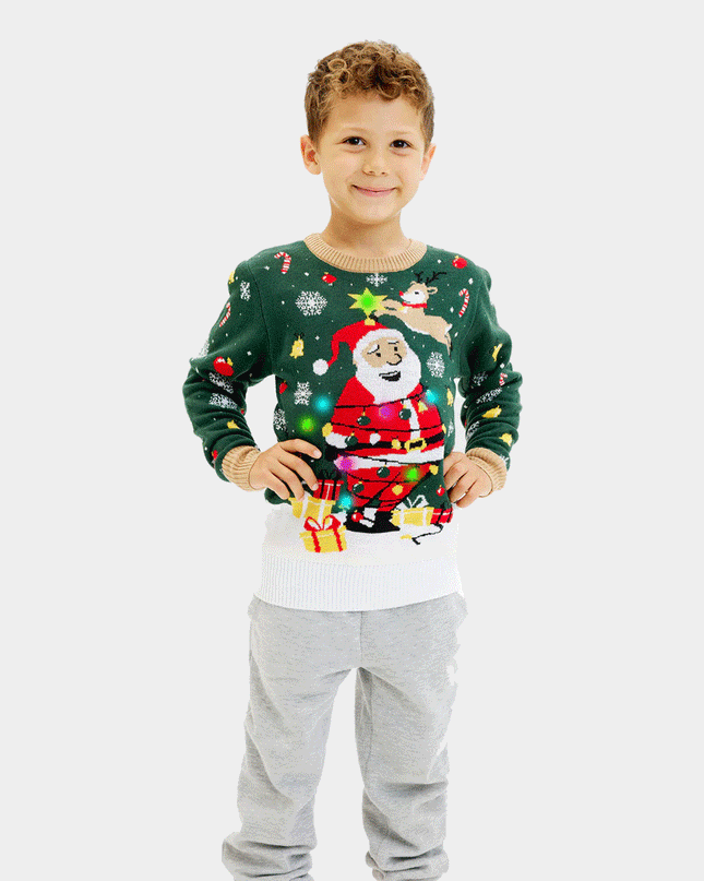 Pull de Noël pour enfants avec Père Noël lumineux LED attaché