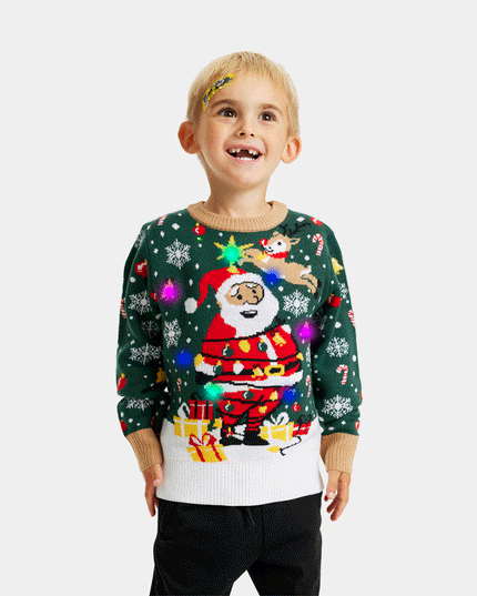 Pull de Noël pour enfants avec Père Noël lumineux LED attaché