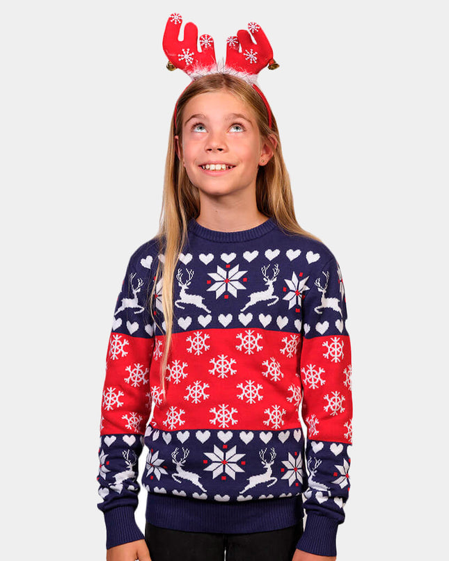 Blue and Red Hearts Reindeer Christmas Sweater for Kids