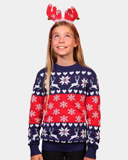Pull de Noël pour femme bleu et rouge à motifs de rennes et de cœurs
