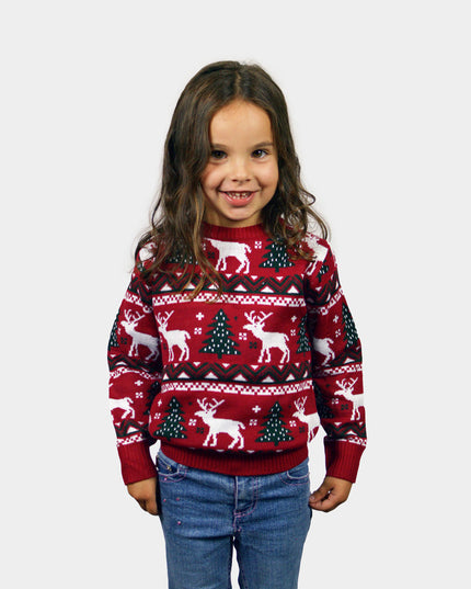 Red Christmas Sweater for Kids with Trees and Reindeer