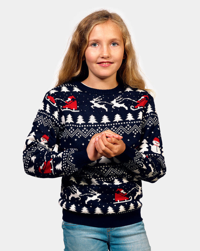 Pull de Noël bleu en coton bio pour enfant, avec sapins et Père Noël