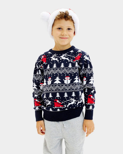 Pull de Noël bleu en coton bio pour enfant, avec sapins et Père Noël