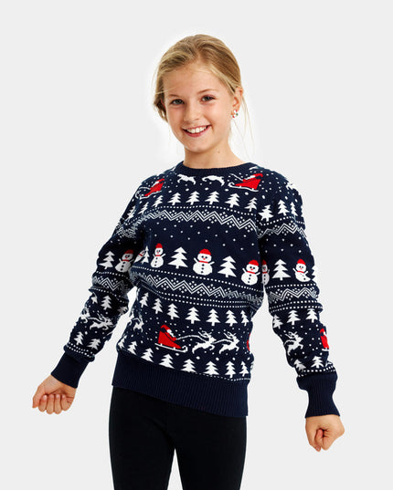 Pull de Noël bleu pour enfant avec sapins, bonshommes de neige et Père Noël