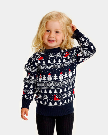 Pull de Noël bleu pour enfant avec sapins, bonshommes de neige et Père Noël