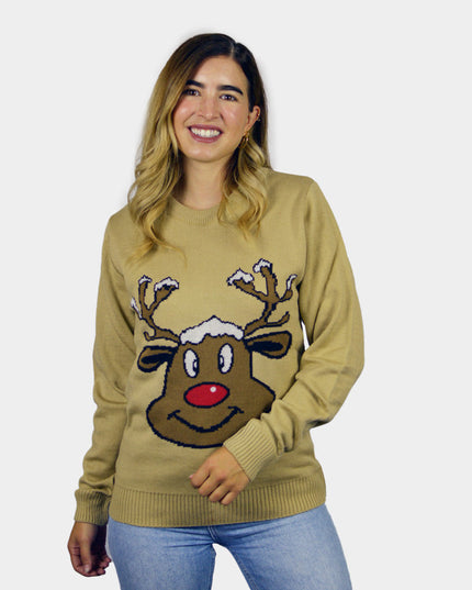 Pull de Noël beige avec renne souriant | Soldes